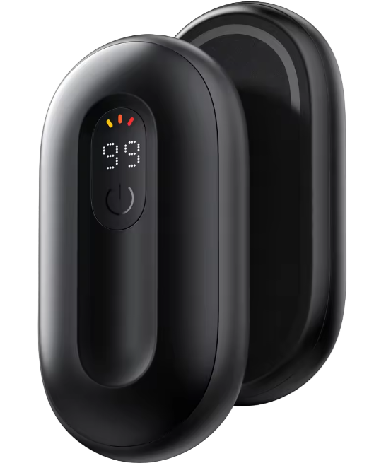 Black electronic device with digital display on a white background