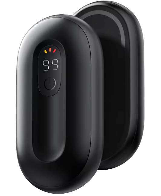 Black electronic device with digital display on a white background